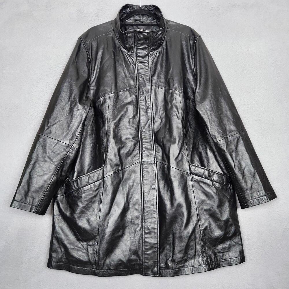 Jessica London Leather Coat Womens 24W Black Long Zip Overcoat Lined Plus Size